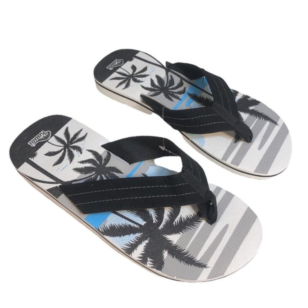 [9] Men’s Palm Tree Tropical Flip-Flops White Black Grey and Blue NWOT